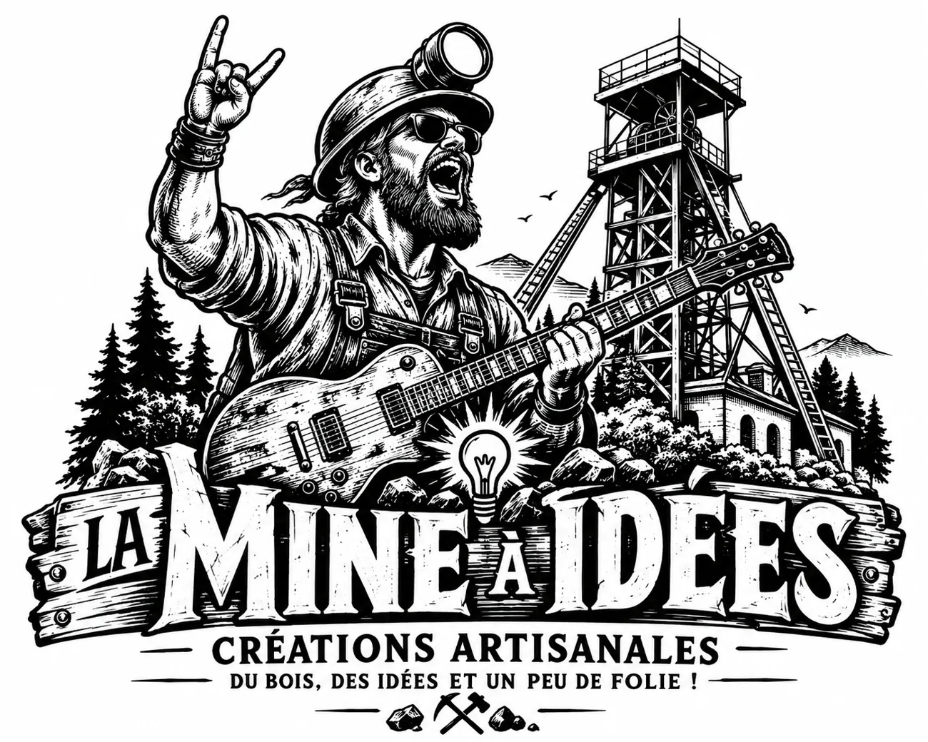 Logo La Mine à Idées : mineur rockeur, chevalement et créations artisanales